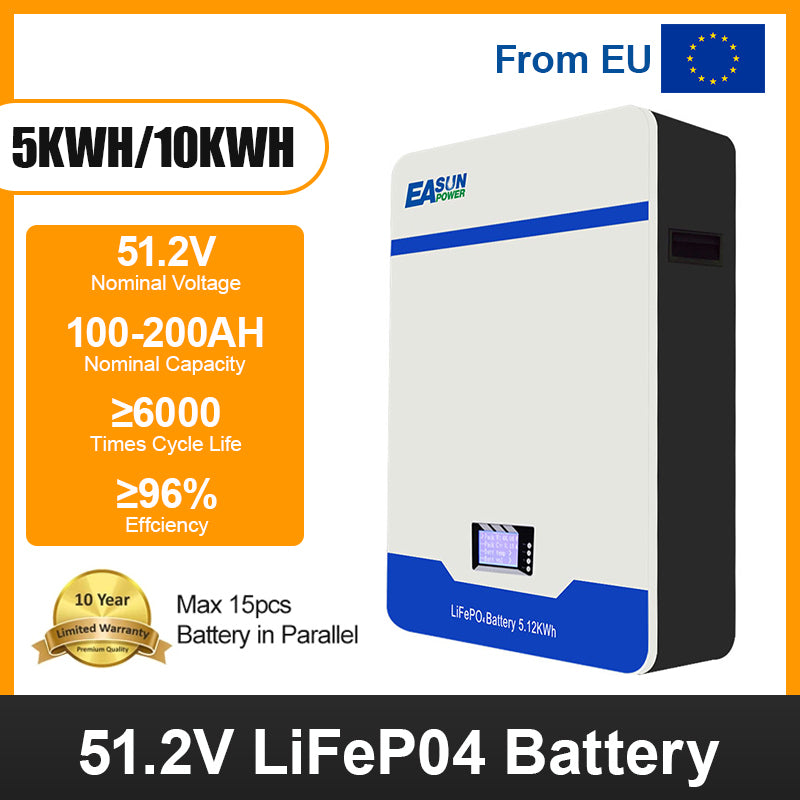 Easun 5kwh 10kwh 15kwh Powerwall 48v Lifepo4 Battery 51.2v 100Ah 200Ah 300Ah 10 Years Warranty