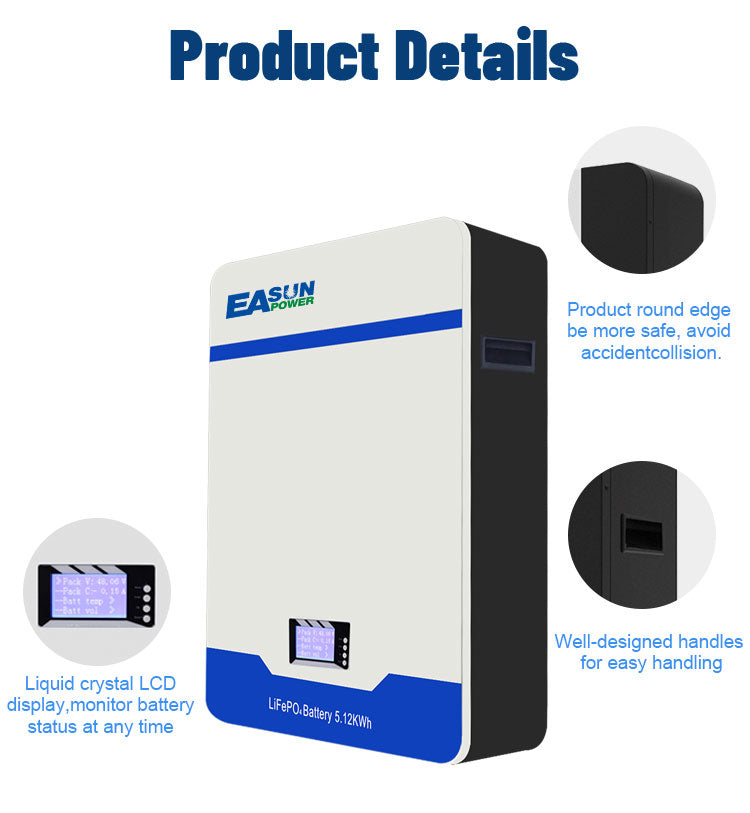 Easun 5kwh 10kwh 15kwh Powerwall 48v Lifepo4 Battery 51.2v 100Ah 200Ah 300Ah 10 Years Warranty