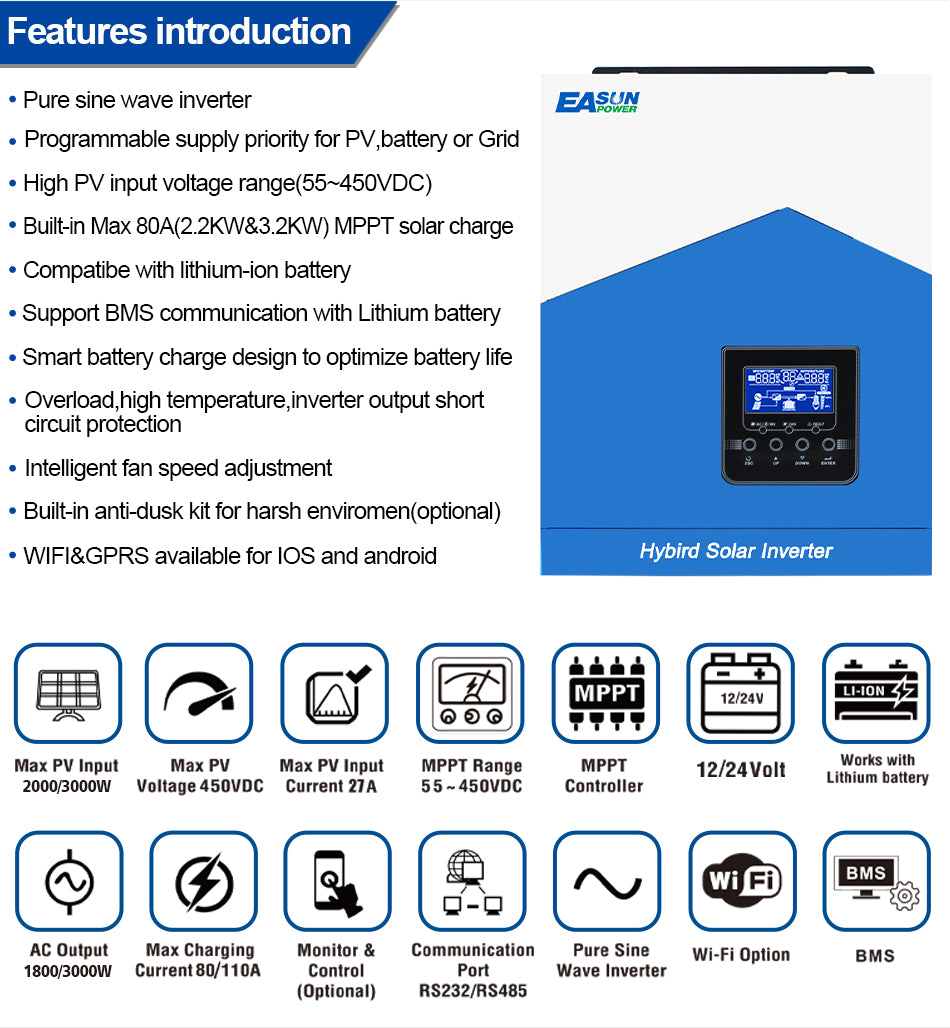 EASUN POWER 3.2K Solar Inverter 24V 220V Off Grid Inverter 60A