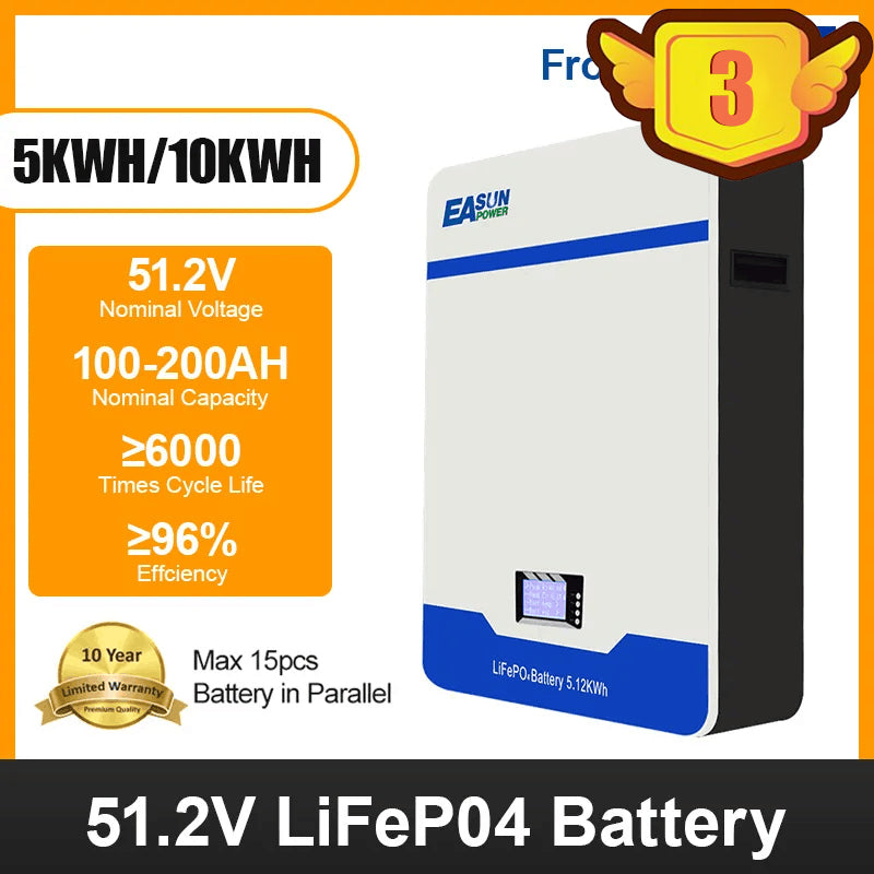 Easun 5kwh 10kwh 15kwh Powerwall 48v Lifepo4 Battery 51.2v 100Ah 200Ah 300Ah 10 Years Warranty