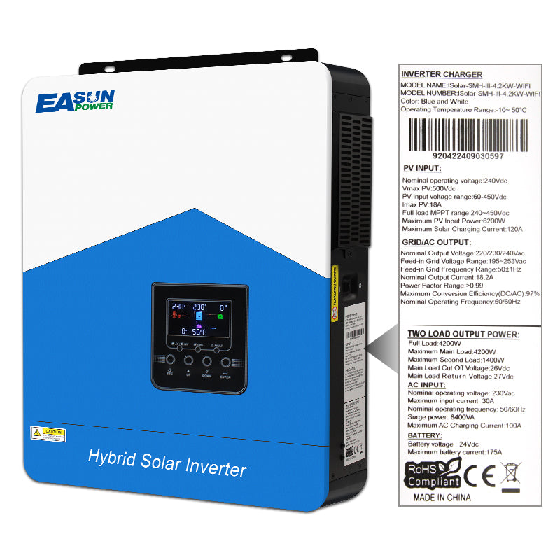 EASUN POWER  4.2K MPPT Solar Inverter 24V 220V Pure Sine Wave Off Grid Hybrid Inverter 120A