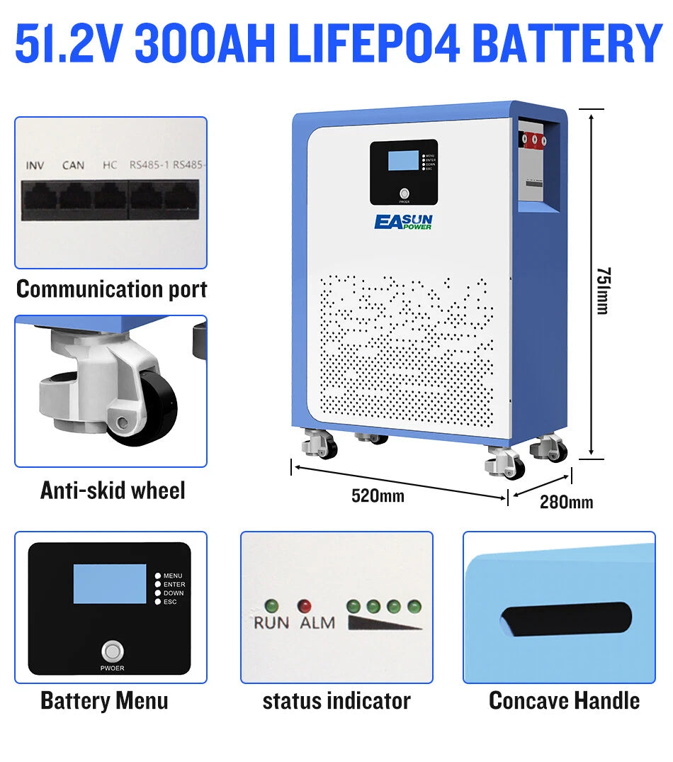 EASUN POWER 15kWh 51.2V 300Ah LiFePO4 Solar Home Storage Backup Battery RS485 BMS